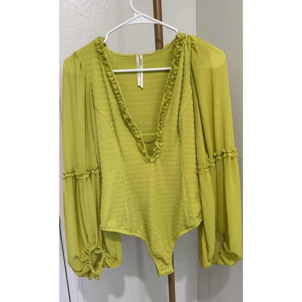 Anthropologie Ruffle Bodysuit Lime Green Deep‎ V Women’s Boho Long Sleeve Small